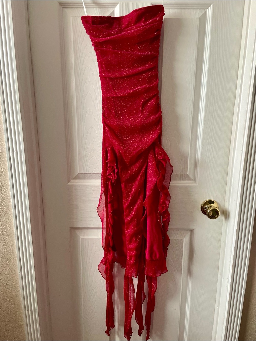 Strapless Red Glitter Ruffled Evening Dress